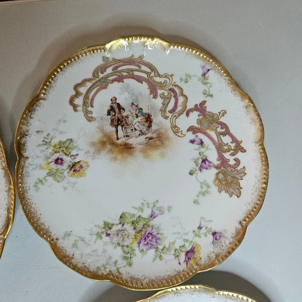 Antique Limoges France AK CD Courting Scene Gold Gilt Scalloped Rim Plates 8.5